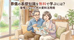 葬儀の基礎知識というパンフレットをソファーに座って仲良く見ている初老の夫婦