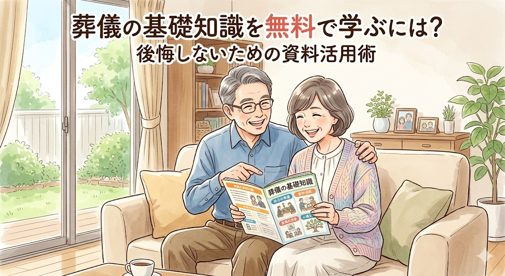 葬儀の基礎知識というパンフレットをソファーに座って仲良く見ている初老の夫婦