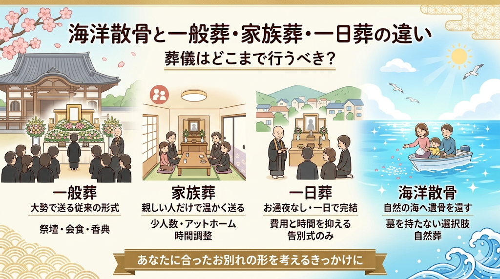 海洋散骨と一般葬・家族葬・一日葬の違い