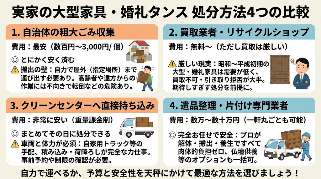 実家の大型家具・婚礼タンスを処分する4つの方法と費用