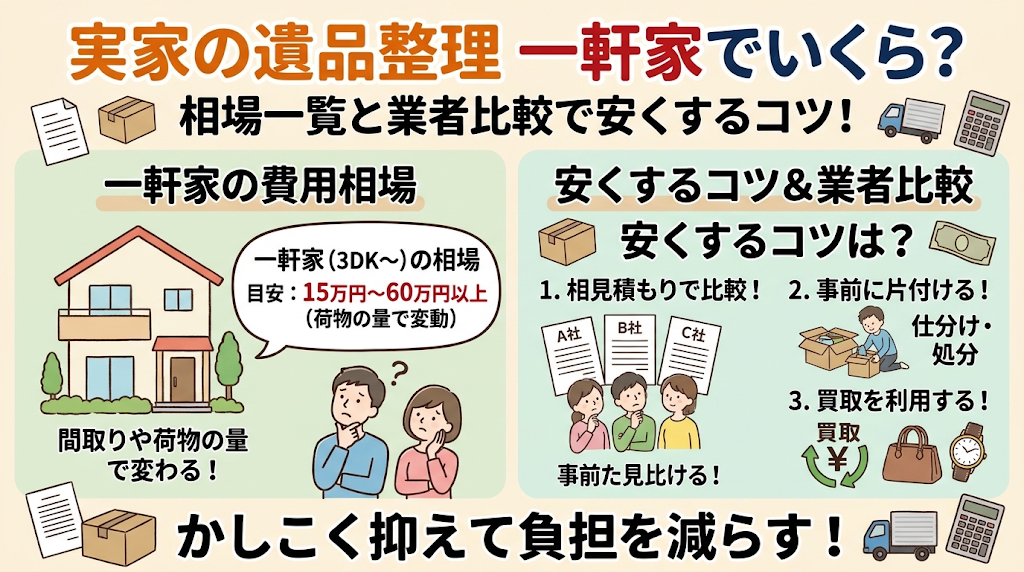 実家の遺品整理費用は一軒家でいくら？相場一覧と業者比較で安くするコツ